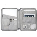 a single multi compartment document bag with grey color filled ipad, pen, and charger