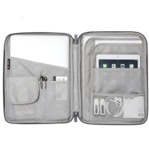 a single multi compartment document bag with grey color filled ipad, pen, and charger