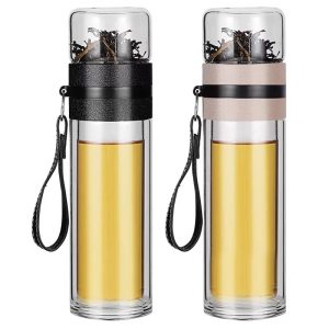 Double wall Glass Tea Infuser Bottle with leather strap TIB02
