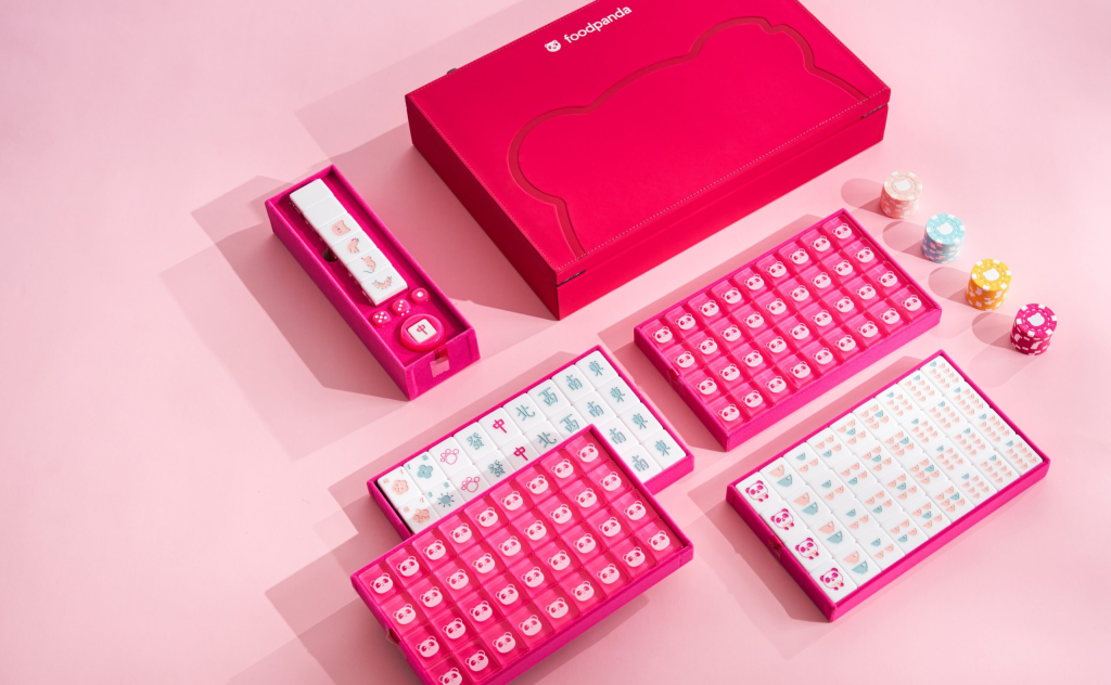 four customized mahjong tiles with pink and white color