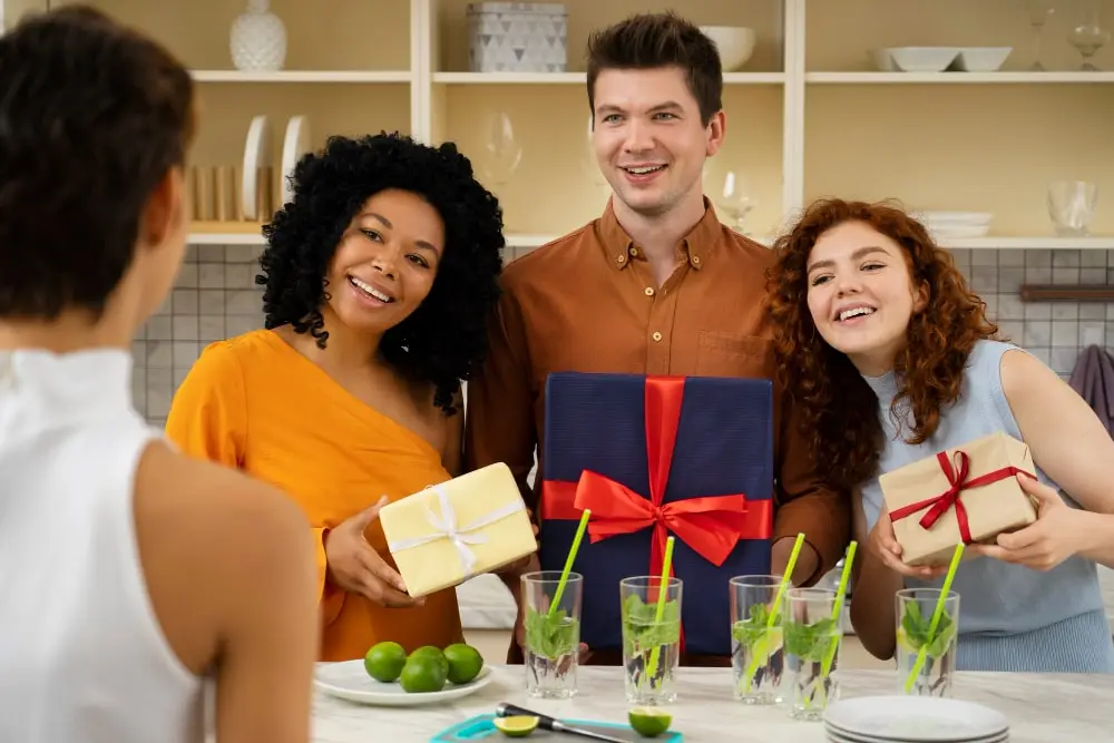 three people curious about what is door gift