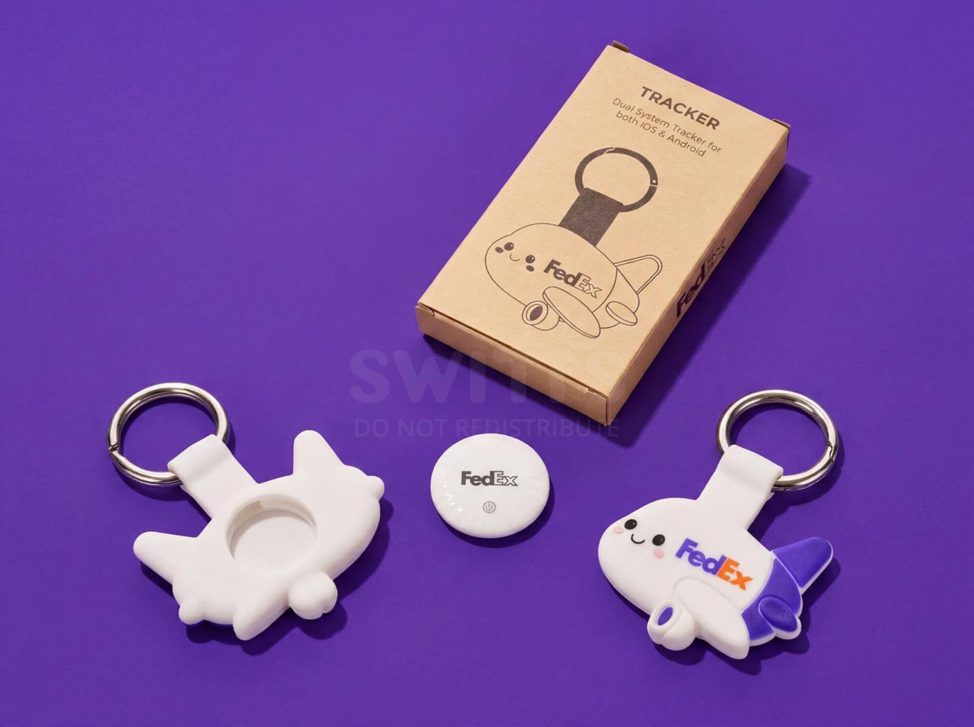 FedEx branded custom portable tracker and airplane shaped silicon key ring case on a purple background.