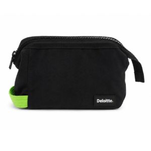 Black custom toiletries bag with neon green accent loop and zipper BGTB15