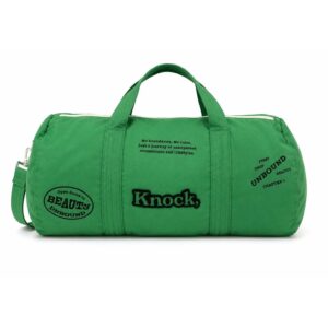 Green cylinder barrel duffel bag with black text graphic print BCCB17