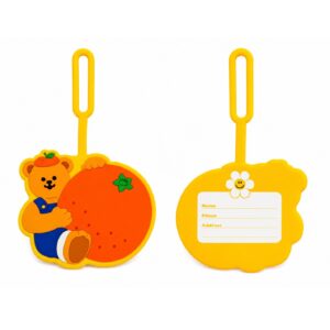 Customizable PVC Luggage Tag TAPLT01 yellow bear and orange fruit design front and back view SWITTS